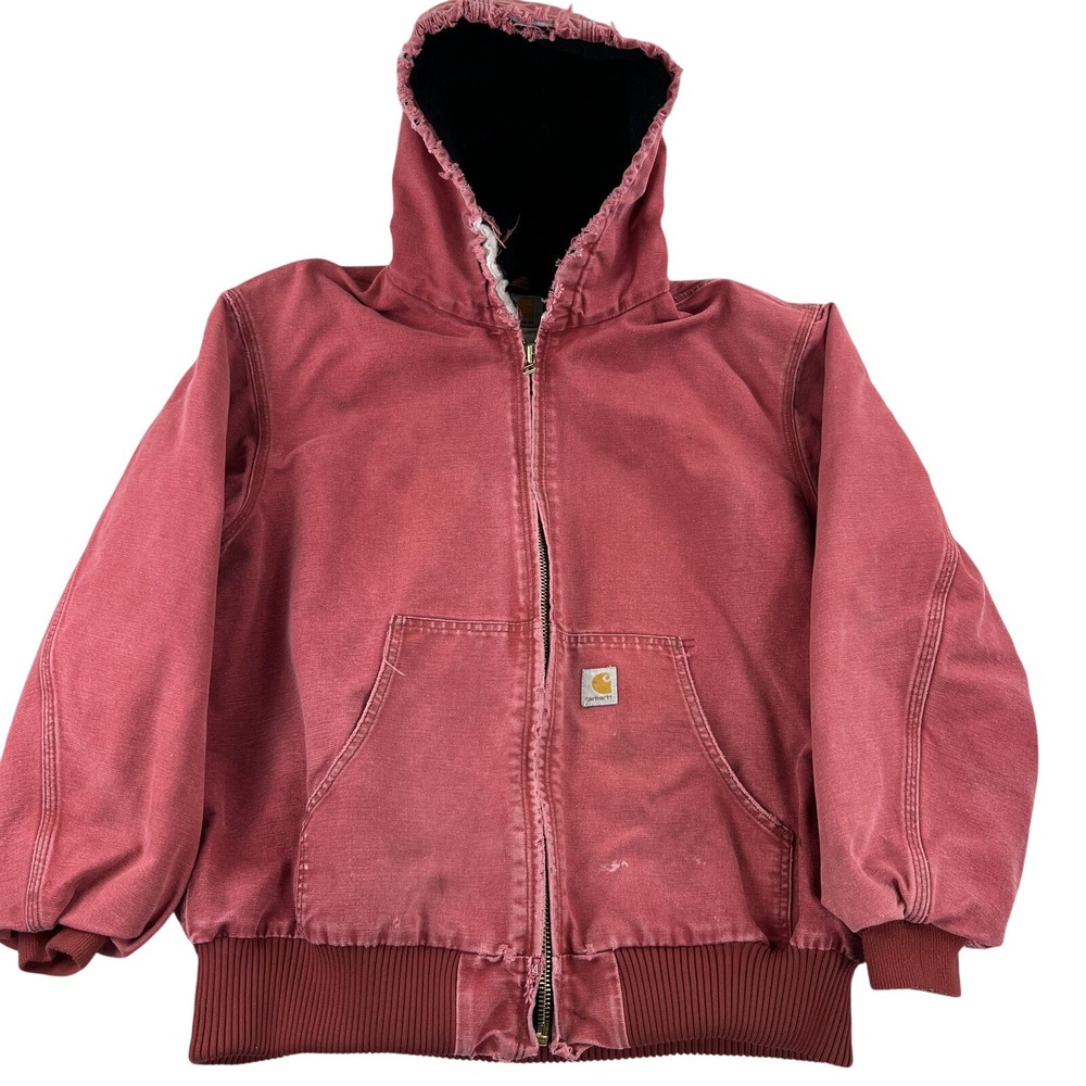 Carhartt J68 BRK Duck Jacket XL Brick Red Pink Hood Distressed Quilted Workwear